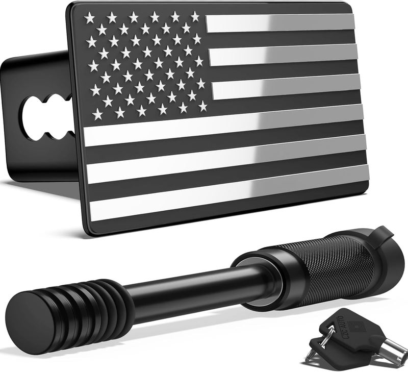 OGYE 2 Inch Trailer Hitch Cover with American Flag, Heavy Metal Trailer Hitch Cover Fit for 2 Inch Hitch Receivers (with 5/8" Pin Dia Anti-Theft Trailer Hitch Lock)-3 * 5" Chrome - Image 1